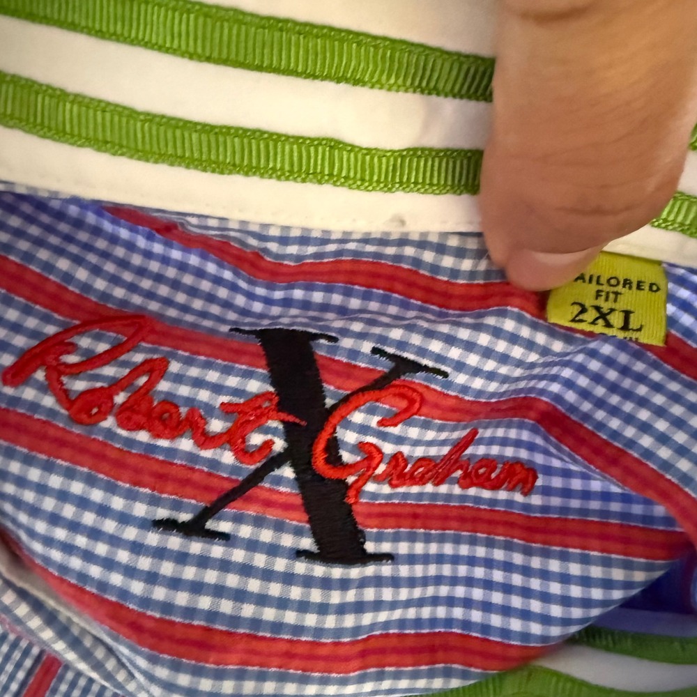 Robert Graham Tailored Fit Striped Gingham Button Down Shirt Mens 2XL Red Blue - Picture 3 of 9